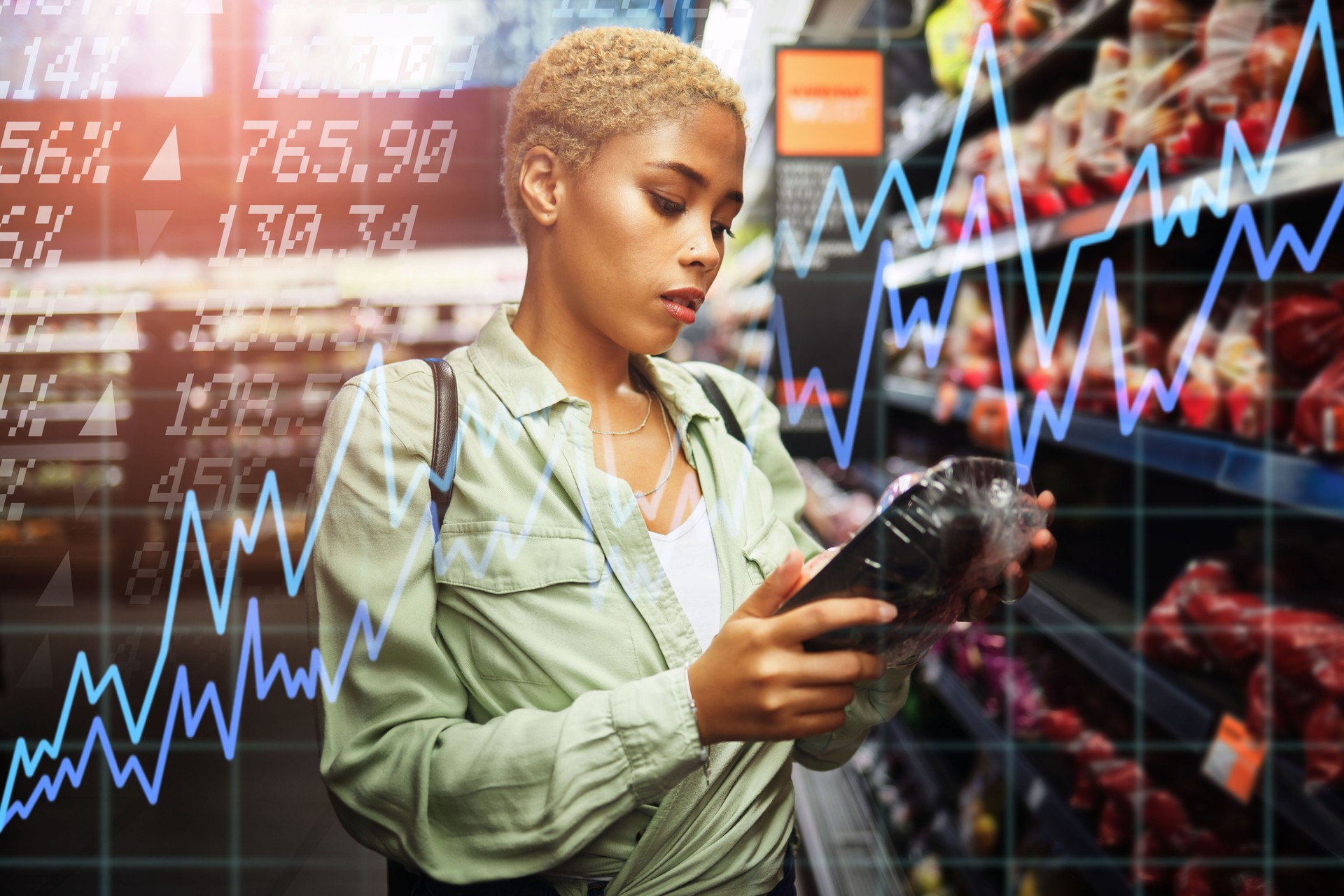 Woman, grocery store and shopping with price discount, sale and and graphs overlay of wholesale and fruits. African customer check cost, retail and food choice at convenience store or supermarket