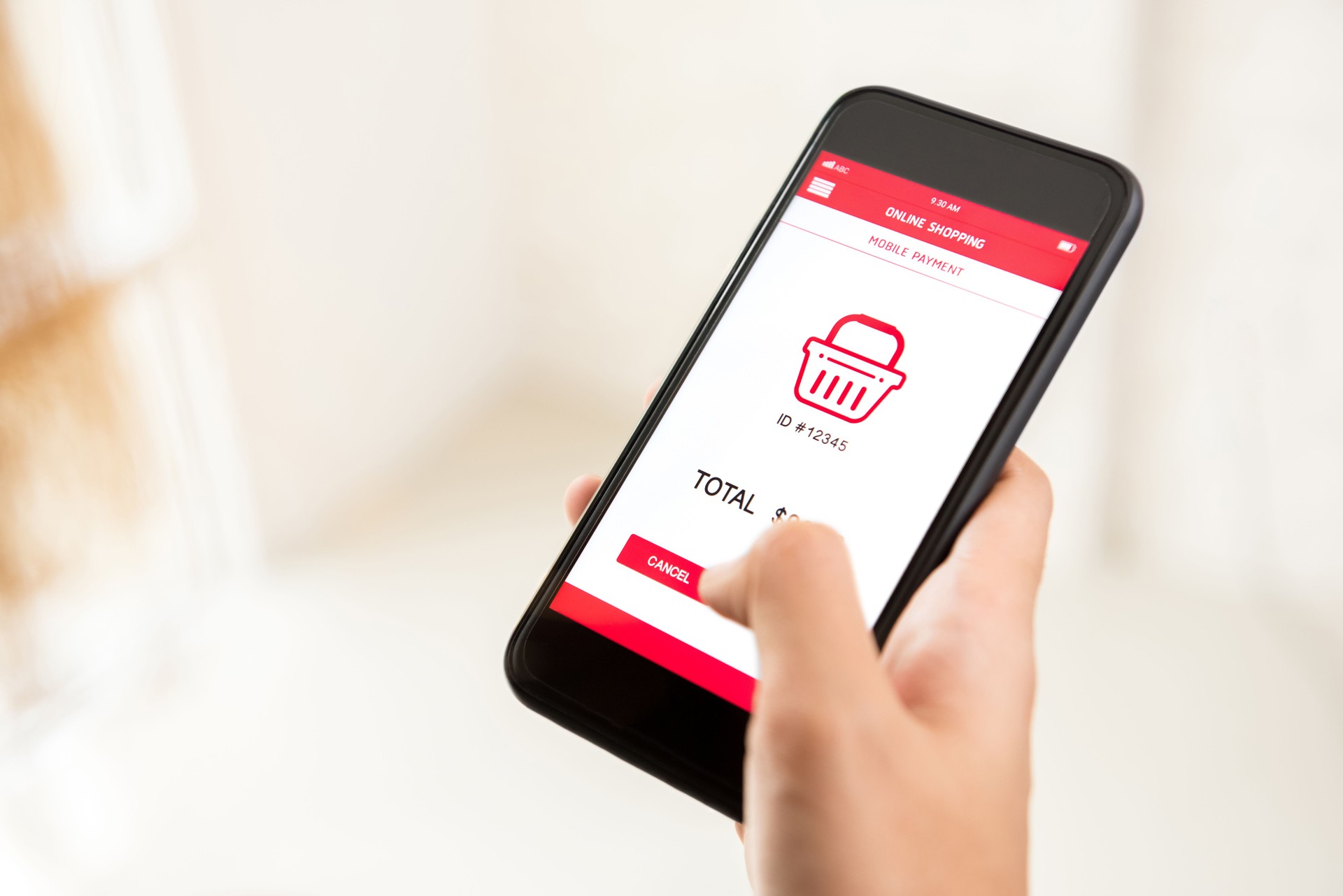 Woman hand touching smartphone screen, shopping online digitally via application