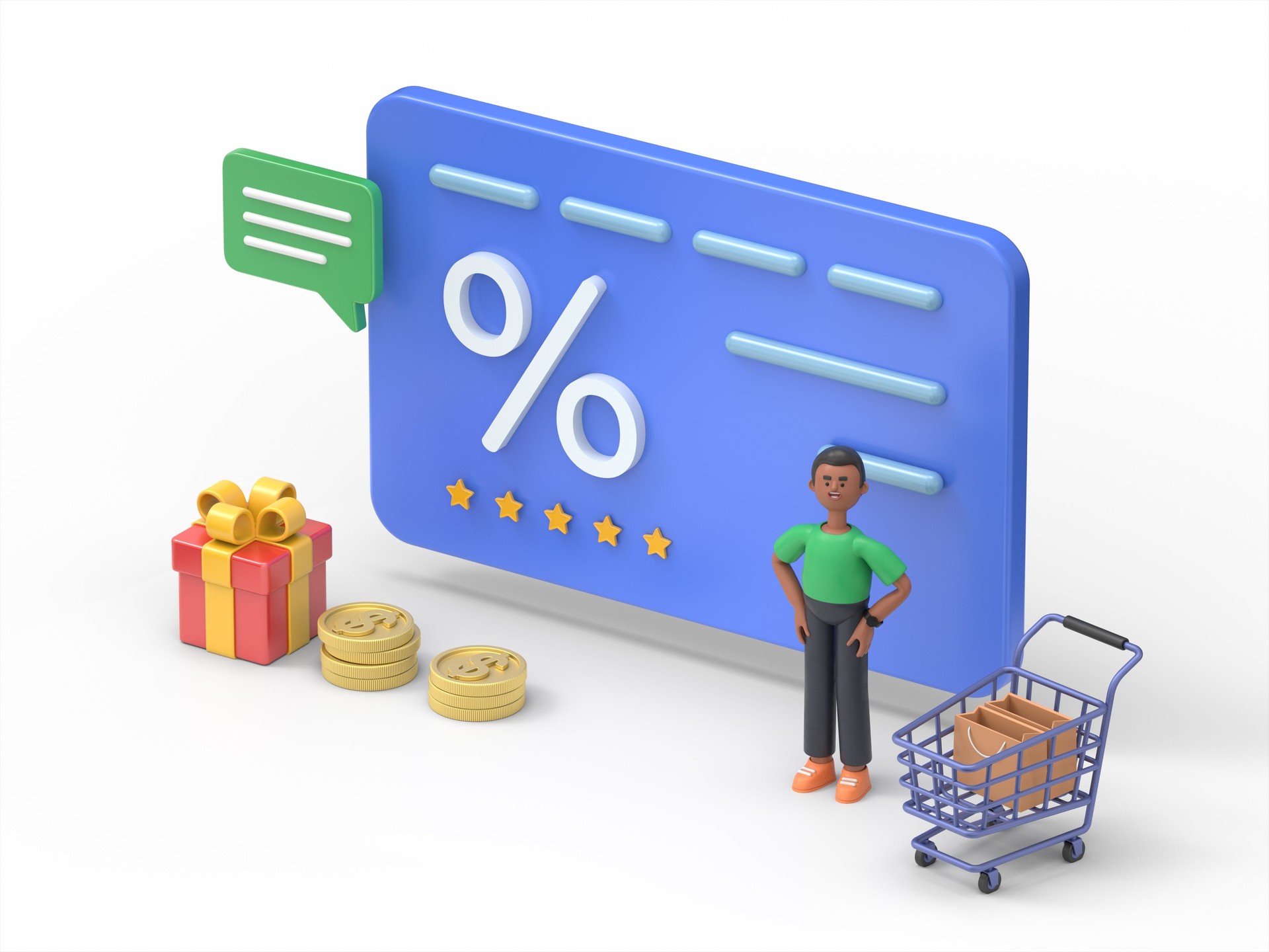 3D illustration of handsome afro man David Standing near Shopping Discount Voucher. Reward Gifts and Money. Cashback and Customer Loyalty Program Concept.
