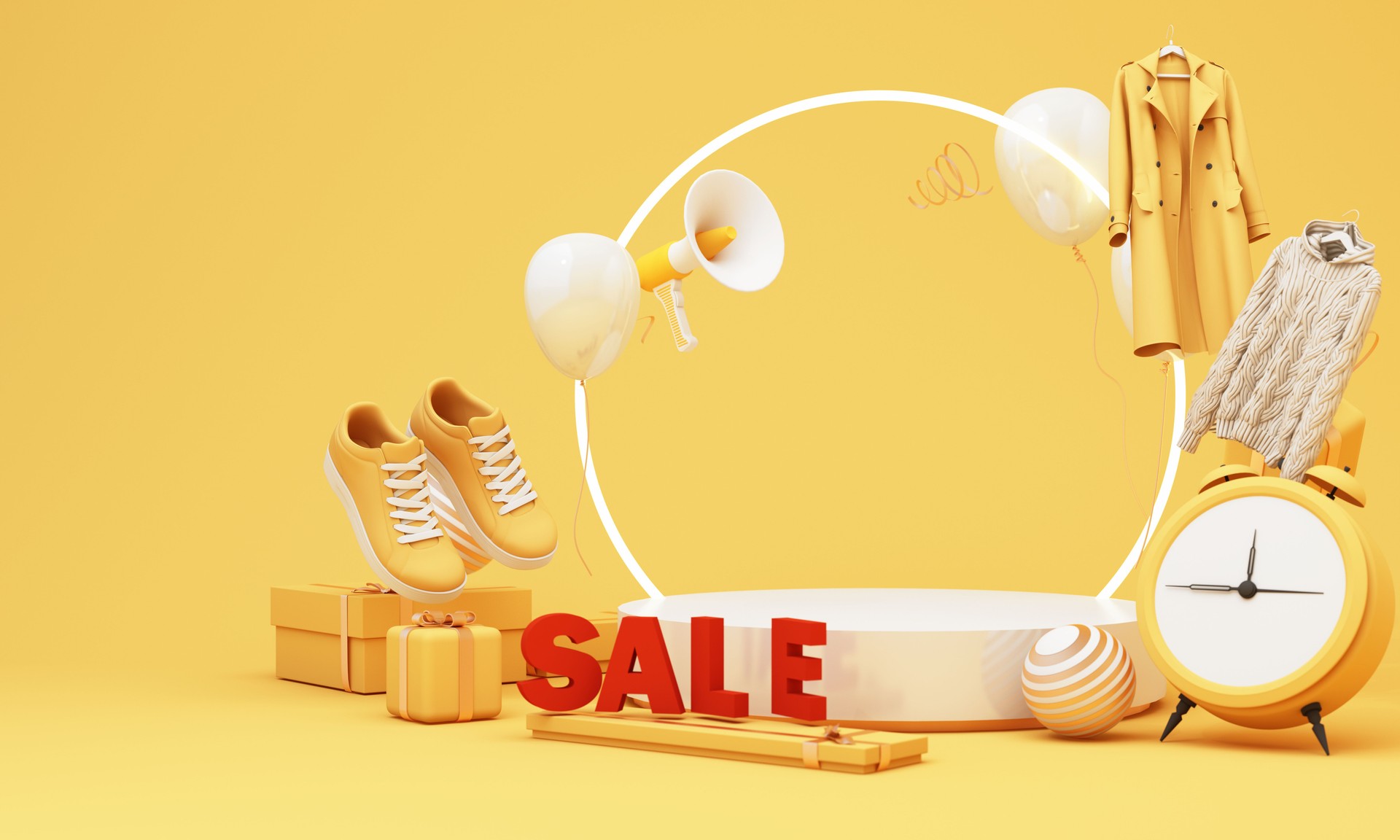 Floating fashion items and sale elements in a yellow-themed shopping concept. Shoes, coats, sweaters, and gifts surround a circular platform, highlighting a seasonal promotion. 3d rendering.