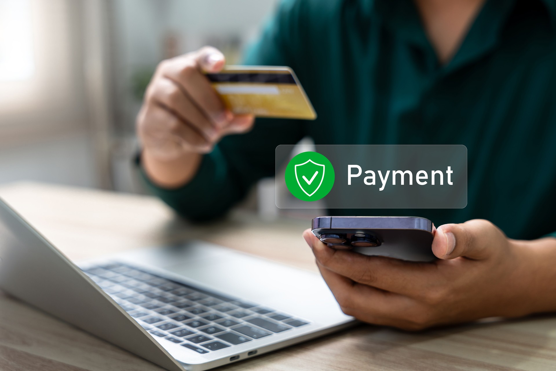 Secure online payment, Digital banking, Payment successful, Fintech solutions for seamless transactions and data protection, Online banking, Businessman authorizes an online payment via smartphone.