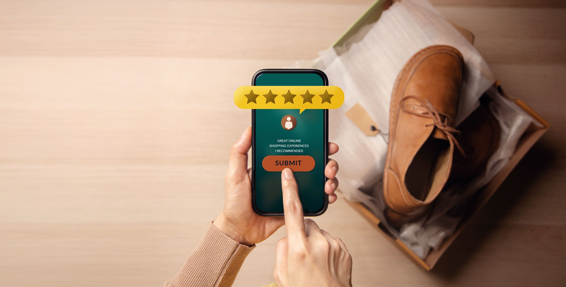 Customer Experiences Concepts. Happy Customer Unbox and Review her Satisfaction via Online Shopping Survey Application. Positive Feedback on Mobile Phone