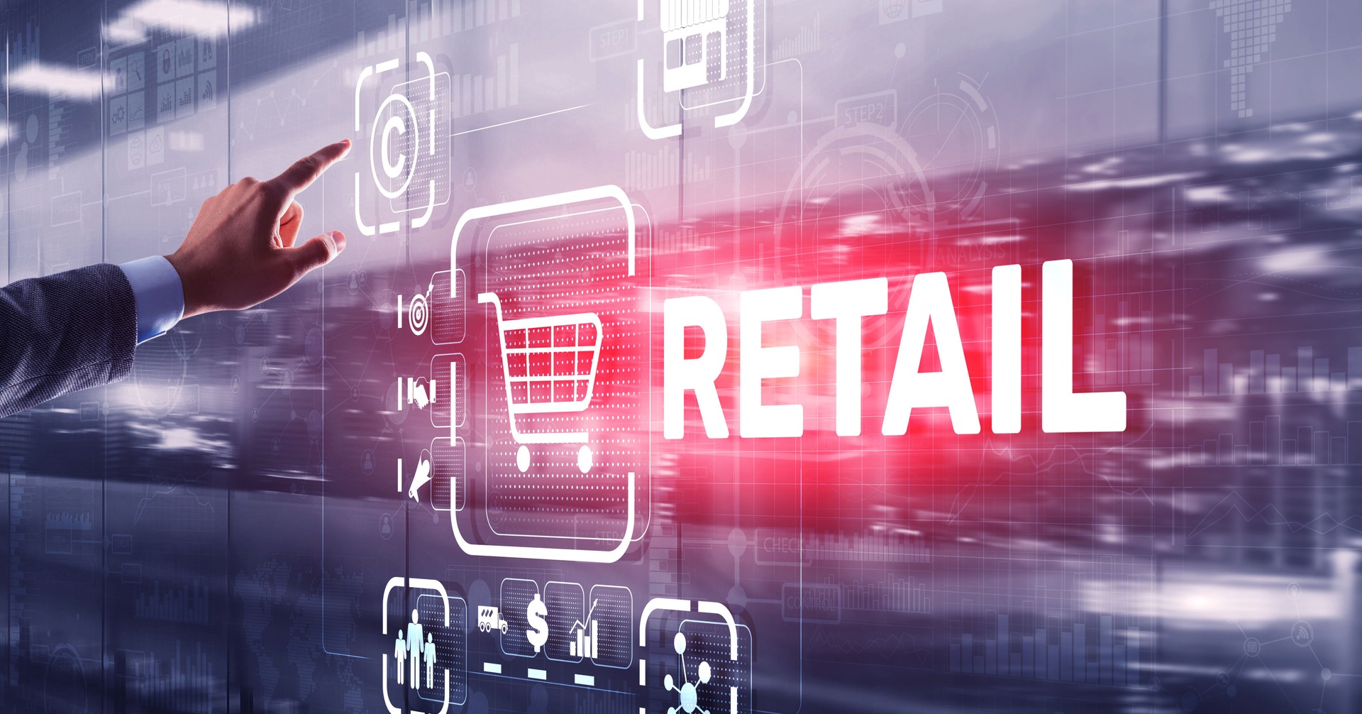 Retail concept marketing channels E-commerce Shopping automation on virtual screen