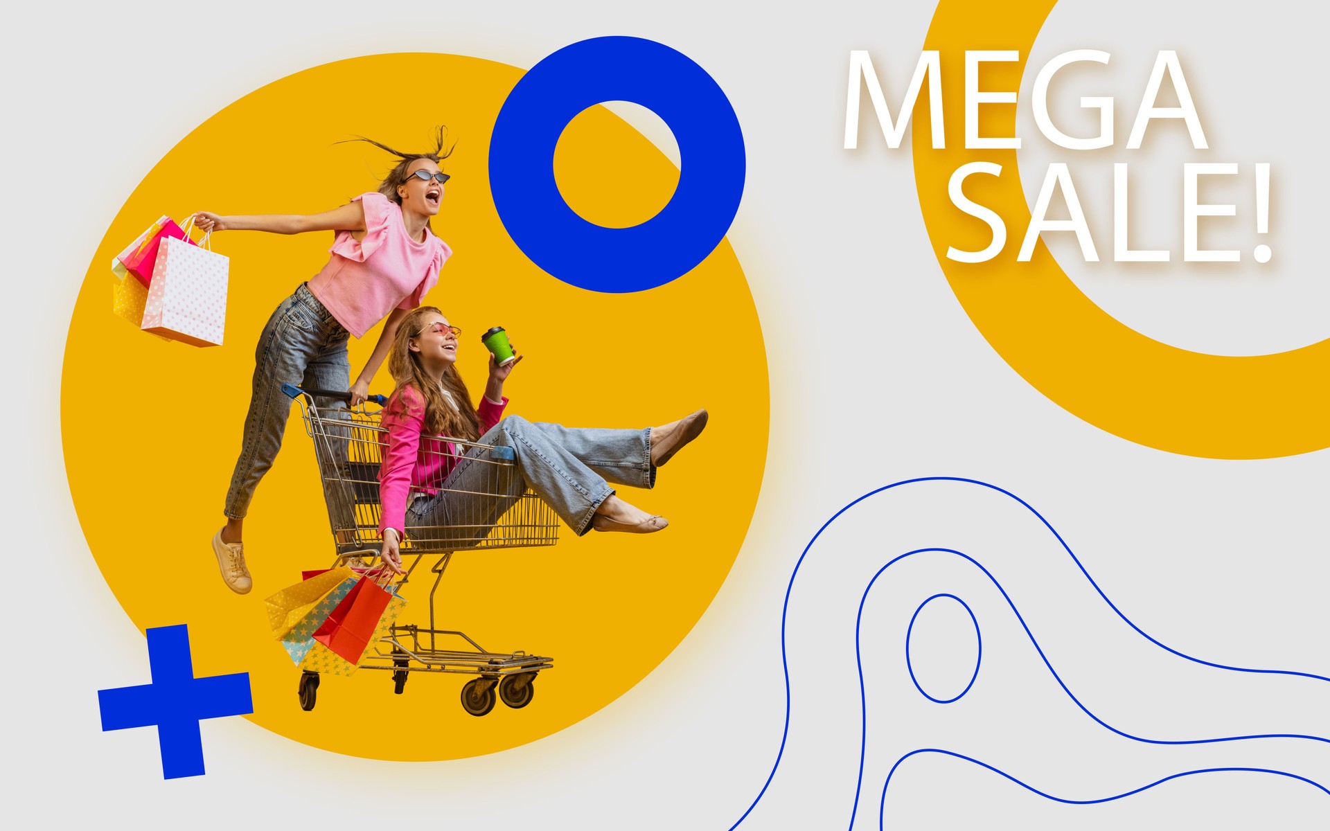 Creative poster, flyer with two happy girls with shopping bags ride on shop cart isolated on colorful abstract background. Concept of sales, black friday, discount, emotions