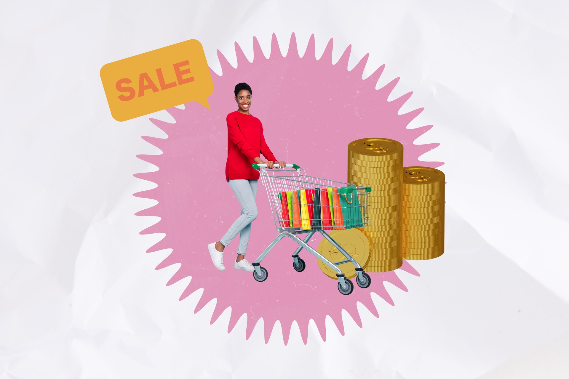 Exclusive sketch collage of happy american girl carry trolley shopper purchase coin payment bargain boutique discount sale