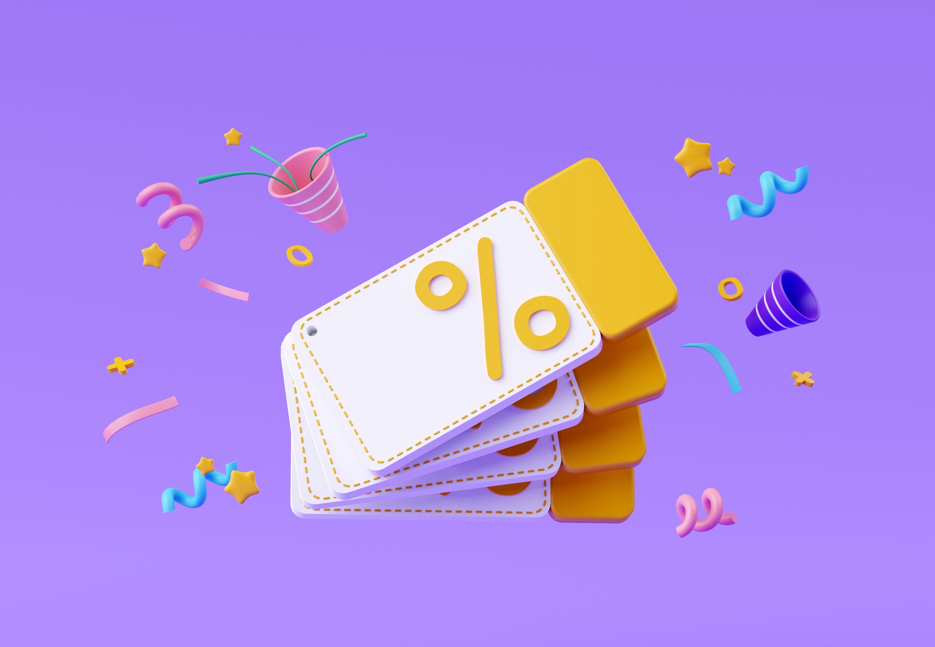 3d render, Coupon voucher discounts for shopping or online shopping, tickets for sales promotion, promo code offer, special price discounts for use, flash sale hour, purchase product.