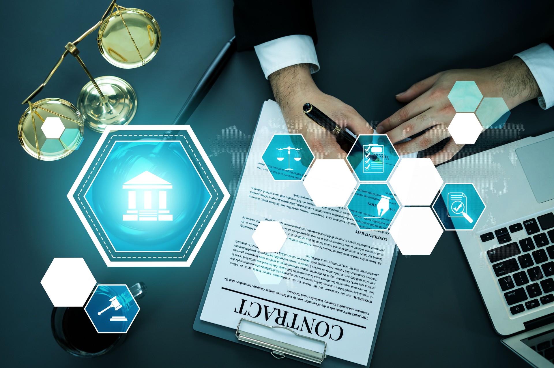 Smart law, legal advice icons and astute lawyer working tools in lawyers office