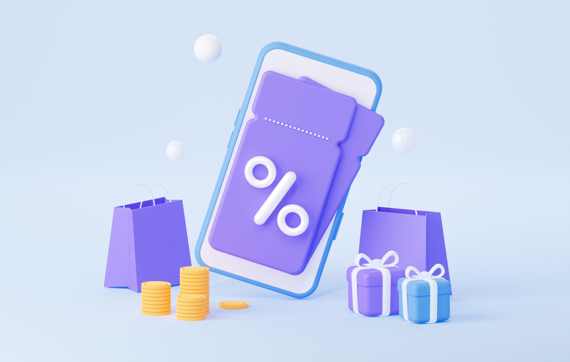 3D coupon for sale. A mobile phone with gifts of coins and a purse. 3d rendering