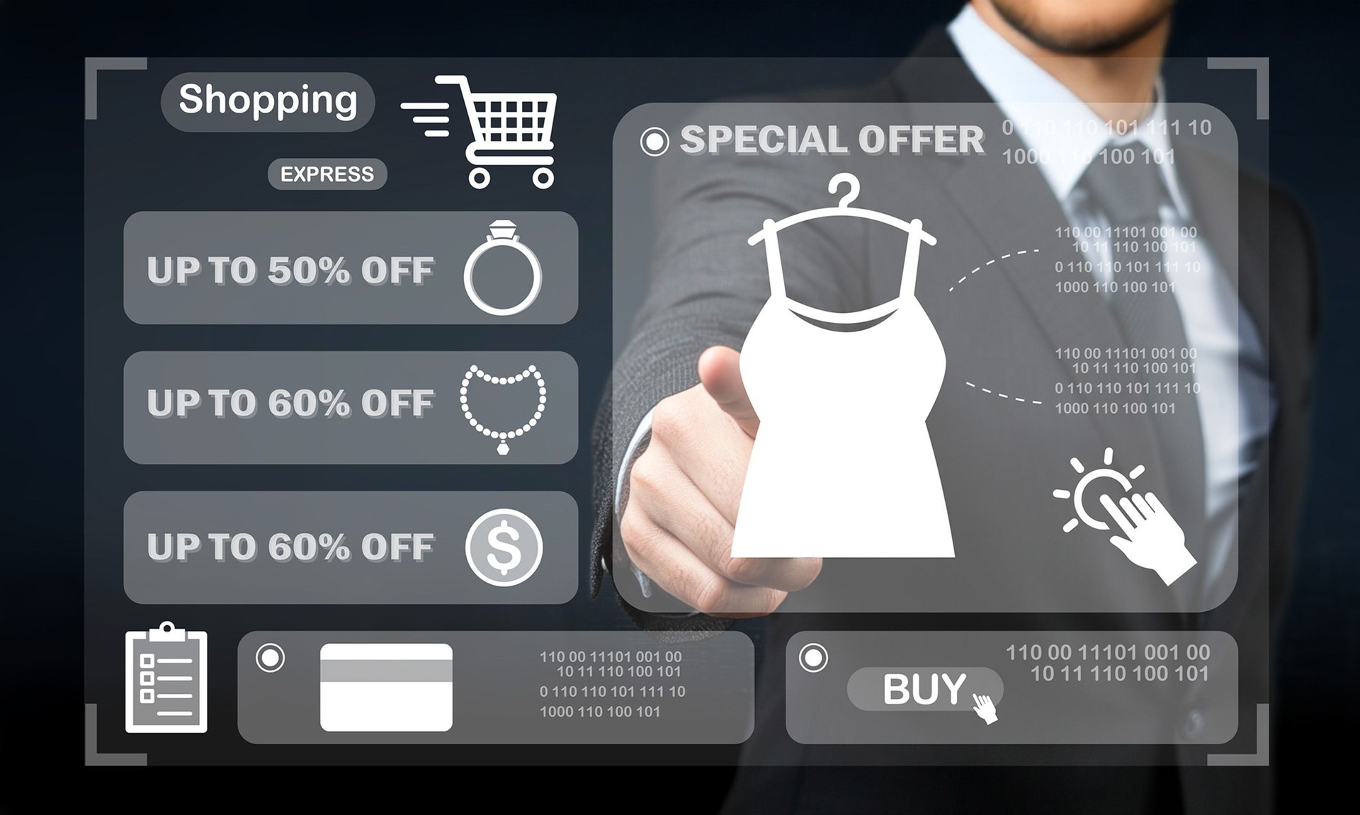Futuristic Online Shopping Interface with Discount Offers and Dress Icon for E-Commerce Business and Digital Marketing Campaigns