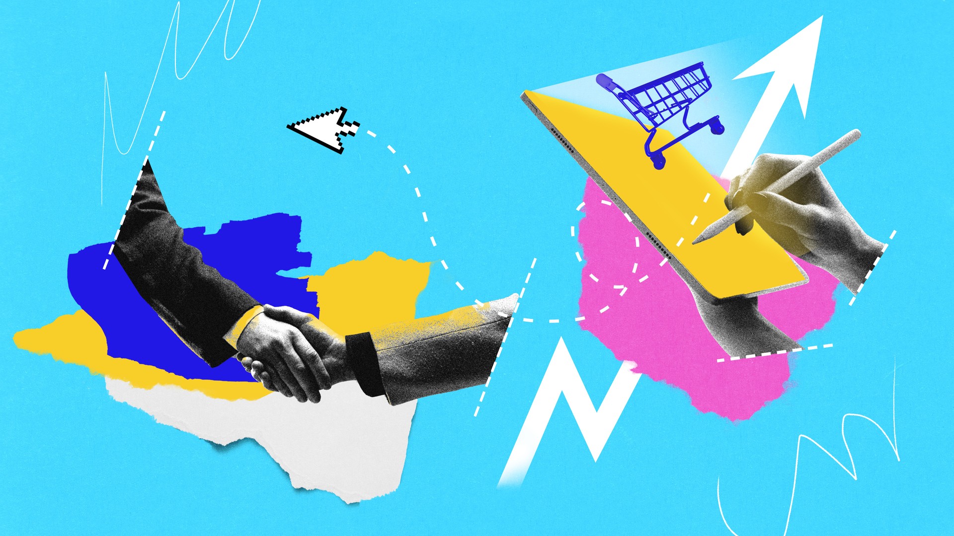 Strategic partnership growth. Handshake, shopping cart on tablet, cursor, and rising arrow. Collaboration and sales expansion